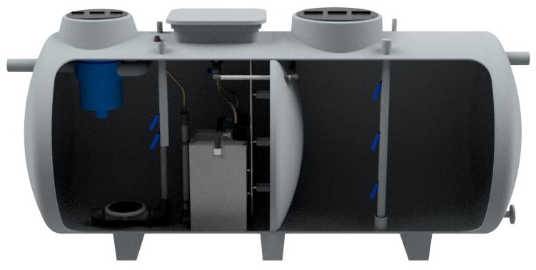Renderização do GREM. Estacão de reciclagem de águas cinzentas em formato cisterna, horizontal e instalação subterrânea.