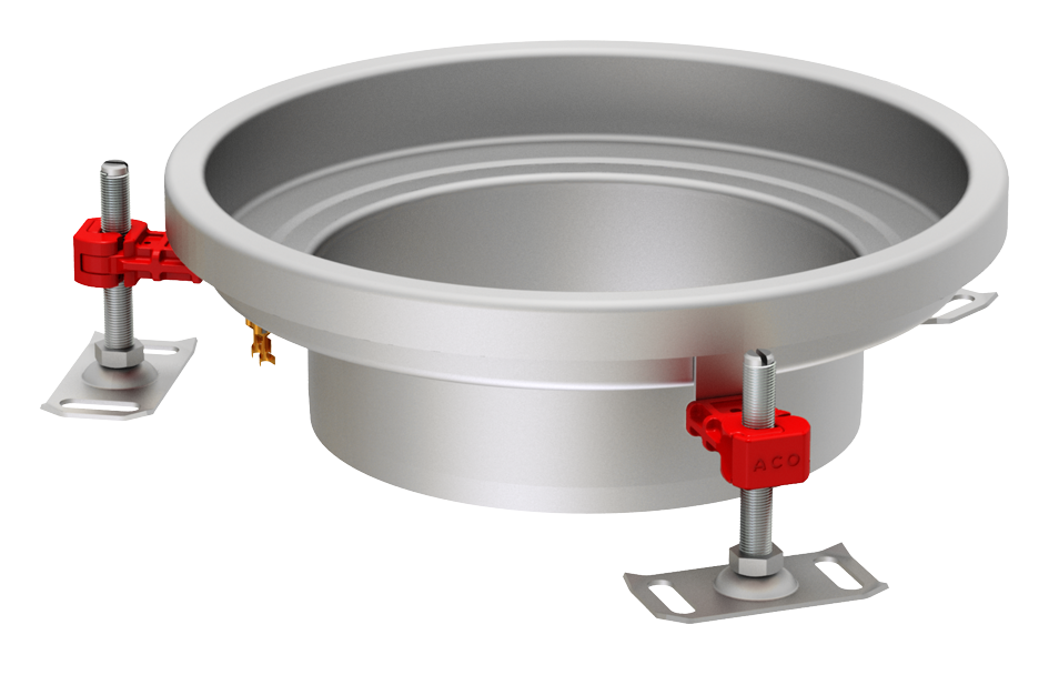 Render do corpo de ralo higiênico ACO EG Ø300 redondo em aço inoxidável AISI304 com enchimento da flange de PUR, com conexão Ø200 para fundo Ø220.