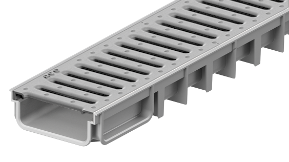 Render conjunto canal Easyline 100 HDPE cinza H50 L1000mm com grelha passarela A15 HDPE