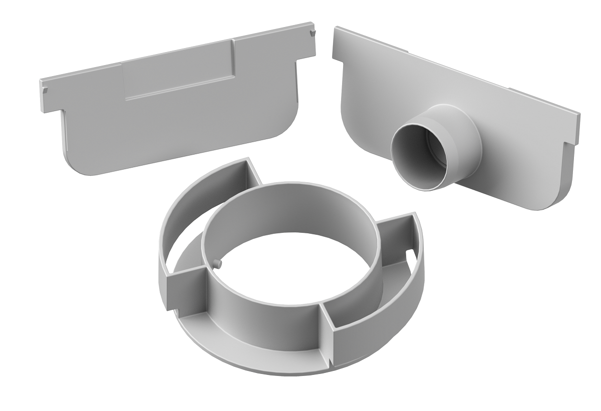 Render kit Easyline 100 HDPE Cinza H50 composto por tampa cega, tampa com saida Ø32 e saida vertical Ø110
