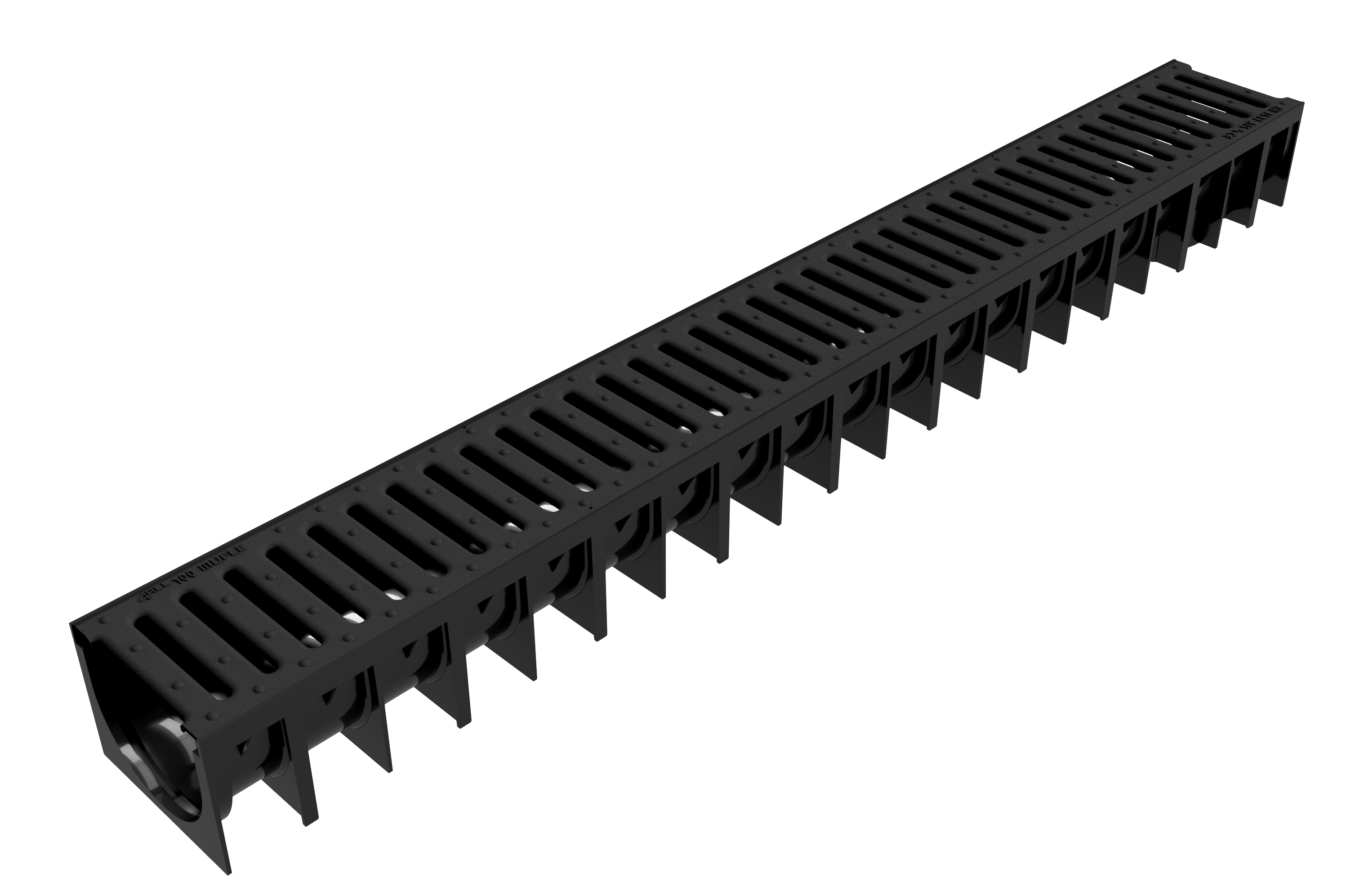 Render do canal MUFLE 4ALL H92 em polipropileno preto com grelha passarela em polietileno de alta densidade (HDPE) classe de carga A15.