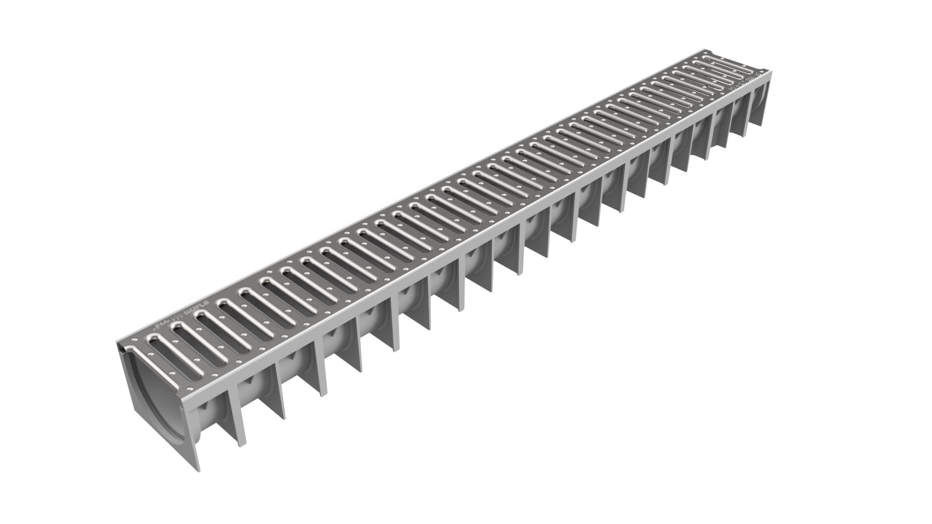 Render do canal MUFLE 4ALL H92 em polipropileno cinza com grelha passarela em aço galvanizado classe de carga A15.