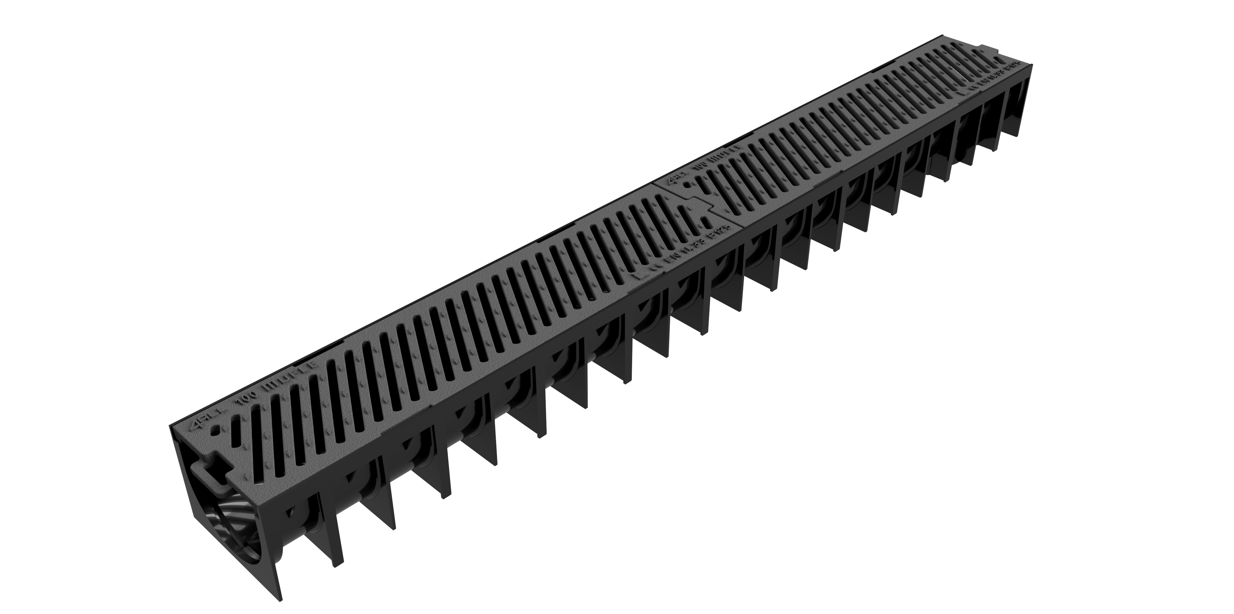 Render do canal MUFLE 4ALL H92 em polipropileno preto com grelha passarela em fundição classe de carga B125.