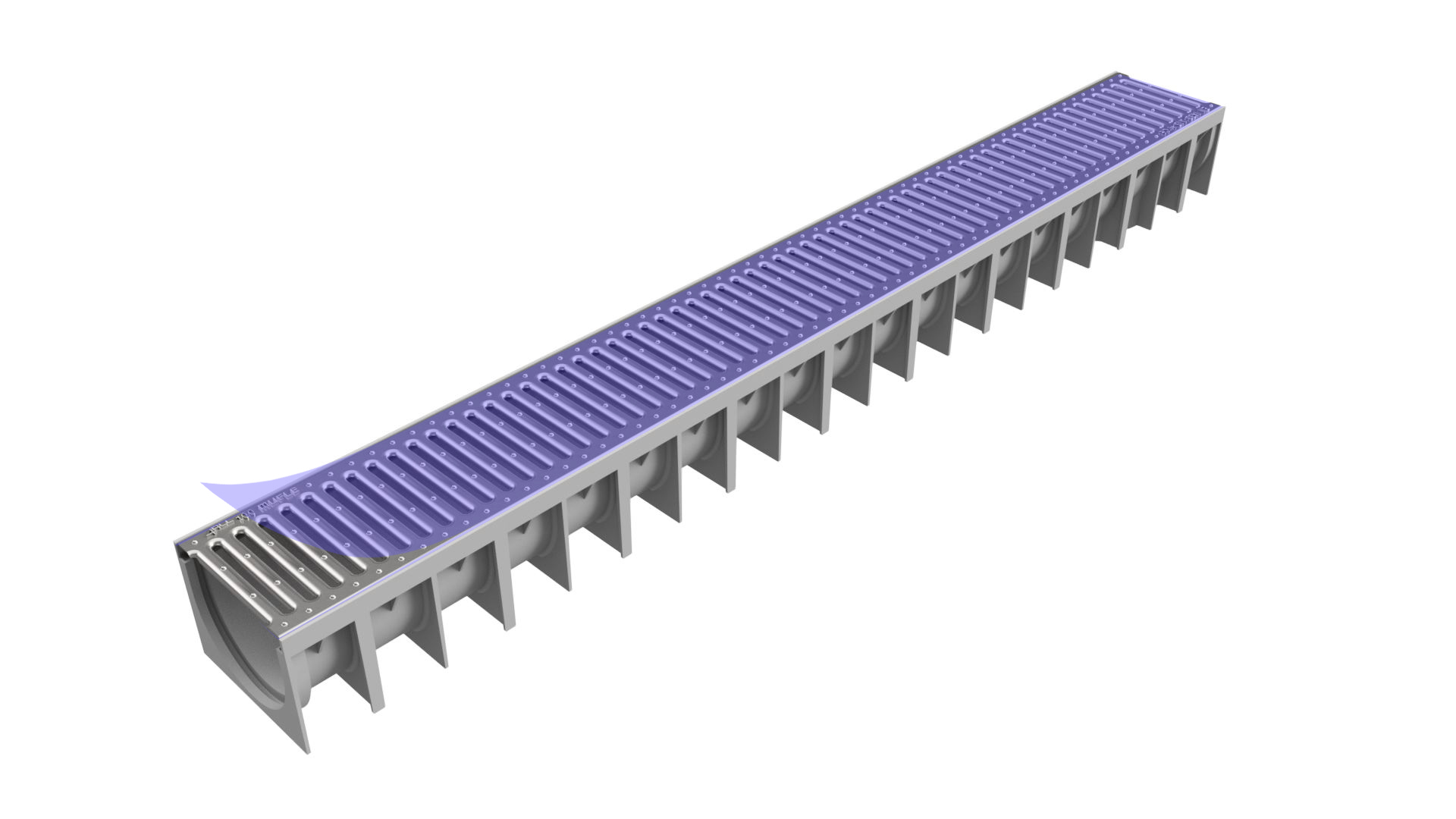 Render do canal MUFLE 4ALL H92 em polipropileno cinza com grelha passarela slim em inox A15.
