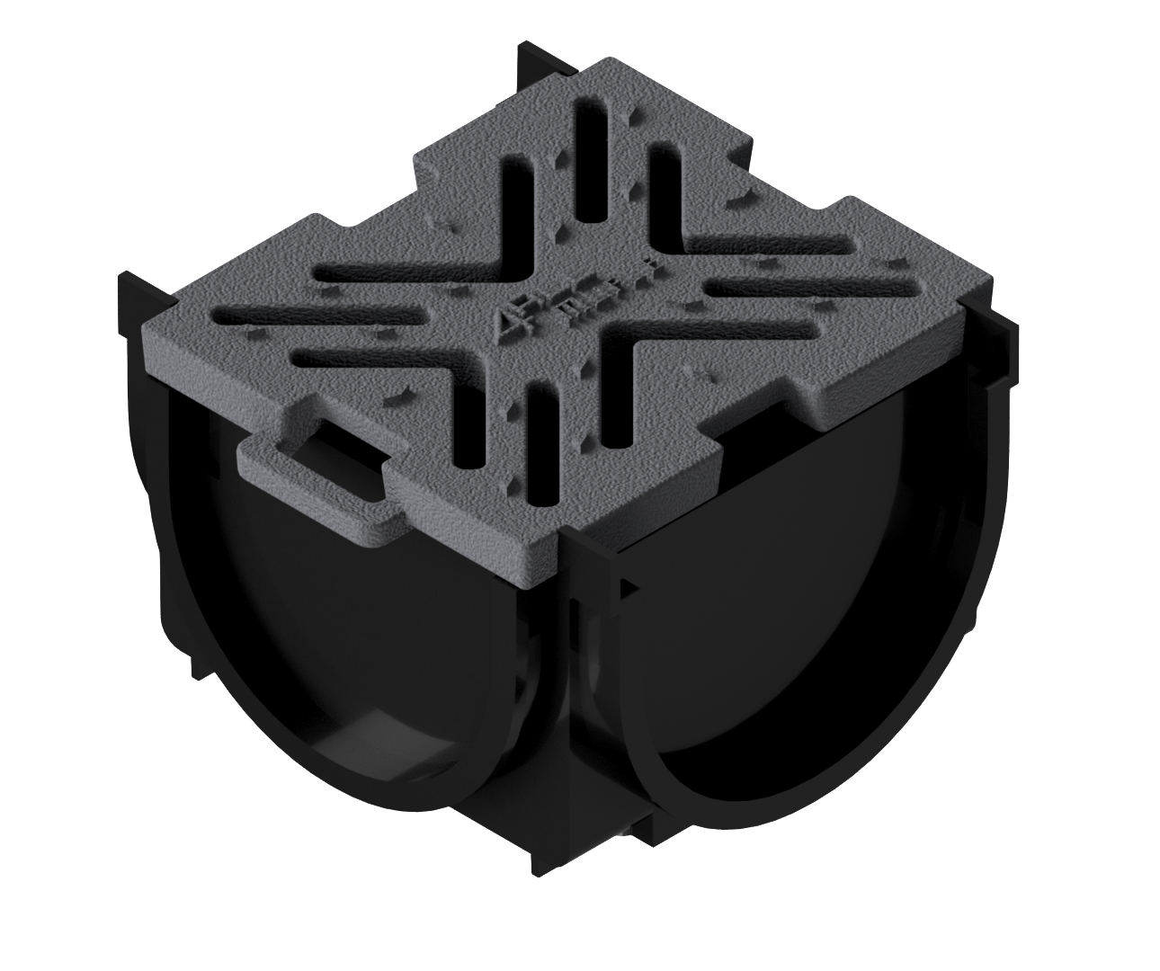 Render da esquina para o canal MUFLE 4ALL 100 em polietileno de alta densidade (HDPE) negro, de L145 A120 H92, com grelha passarela em fundição classe de carga B125.