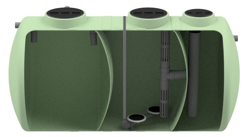 Render técnico Necor do formato da cisterna e instalação subterrânea.
