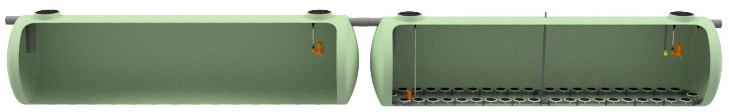 Render SBREM 2 unidades em formato de tanque horizontal e subterrâneo.