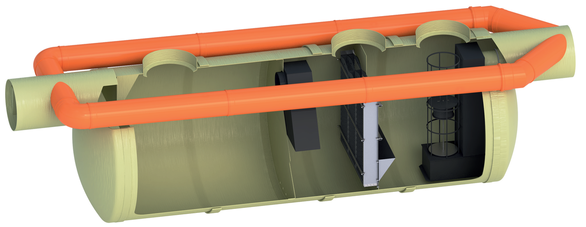 Render do separador de hidrocarbonetos enterrado OLEOPASS-G-H em plástico com reforço de fibra de vidro (GRP), com bypass externo.