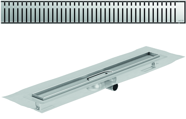 Render 3D canal Showerdrain -C 2.0 com flange S/H DN50 H:69-140mm com sifão de 25mm e grelha PIANO com tela CD000933 // CD000934 // CD000935 // CD000936 // CD000937 // CD000938 // CD000939