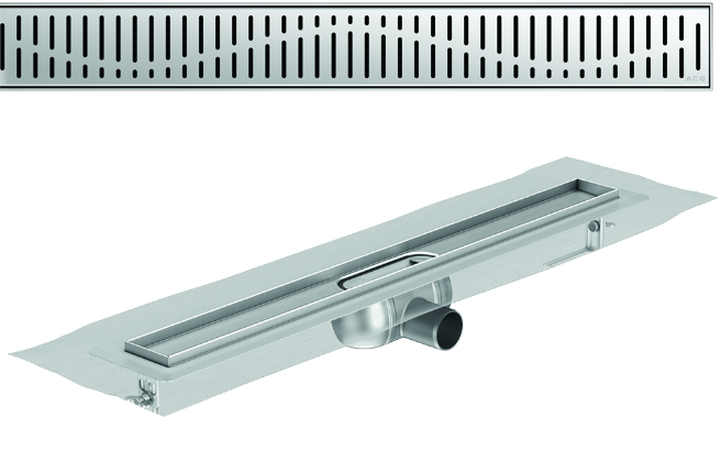 Render 3D canal Showerdrain -C 2.0 com flange S/H DN50 H:92-140mm com sifão de 50mm e grelha WAVE com tela CD000673 // CD000674 // CD000675 // CD000676 // CD000677 // CD000678 // CD000679