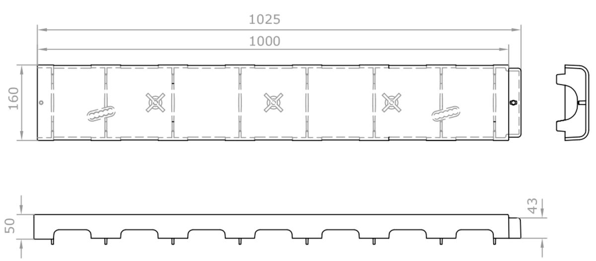 Esquema técnico de la reja para canal LW125 abierto, reja ranurada en plástico color blanco de dimensiones L1000 A160 H50 recta sin sistema de fijación, clase de carga A15.