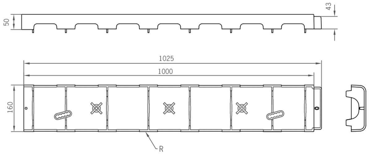 Esquema técnico de la reja para canal LW125 abierto, reja ranurada en plástico color blanco de dimensiones L1000 A160 H50 curva sin sistema de fijación, clase de carga A15.