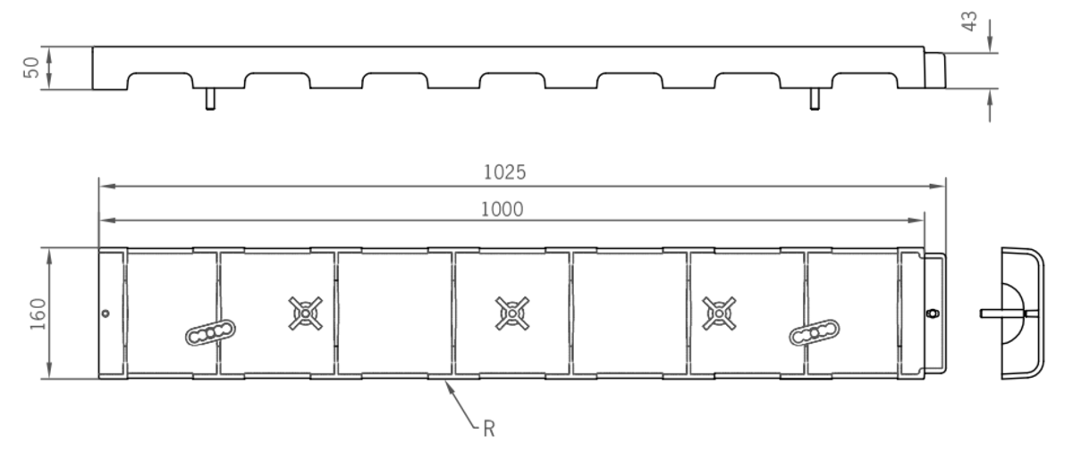 Esquema técnico de la reja para canal LW125 Ranurado, reja ranurada en plástico color blanco de dimensiones L1000 A160 H50 curva sin sistema de fijación, clase de carga A15.