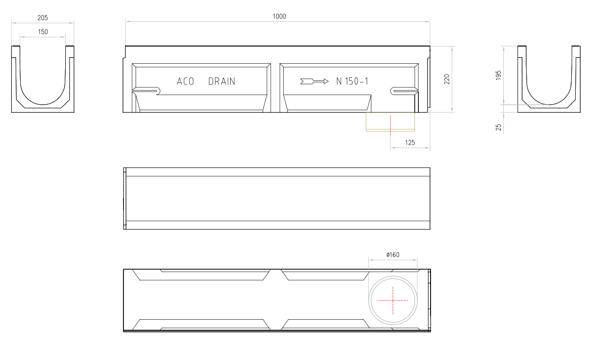 Esquema técnico del canal N 150 L1000 H220 en hormigon polímero con premarca para salida vertical DN/OD 160 con sistema de fijación por clavilha sin reja