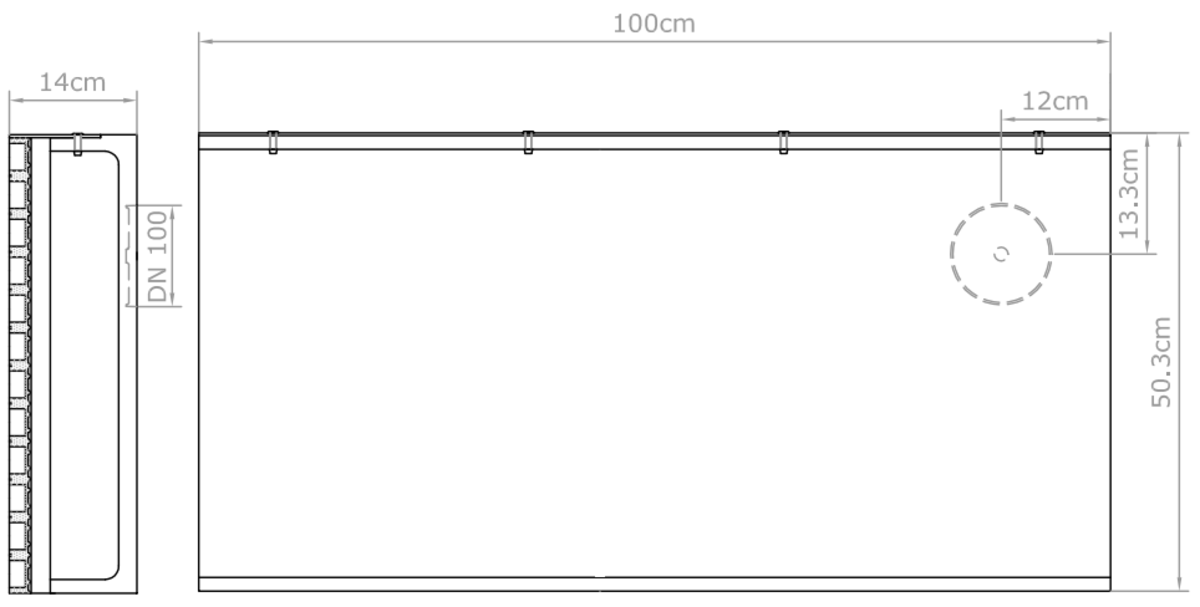 Esquema técnico del canal colector exterior de arena SPORT L1000 A503 H140 en hormigón polímero con reja mallada y protecciones de caucho en forma alveolar. Perfil lateral de acero galvanizado y premarca para salida vertical DN100.