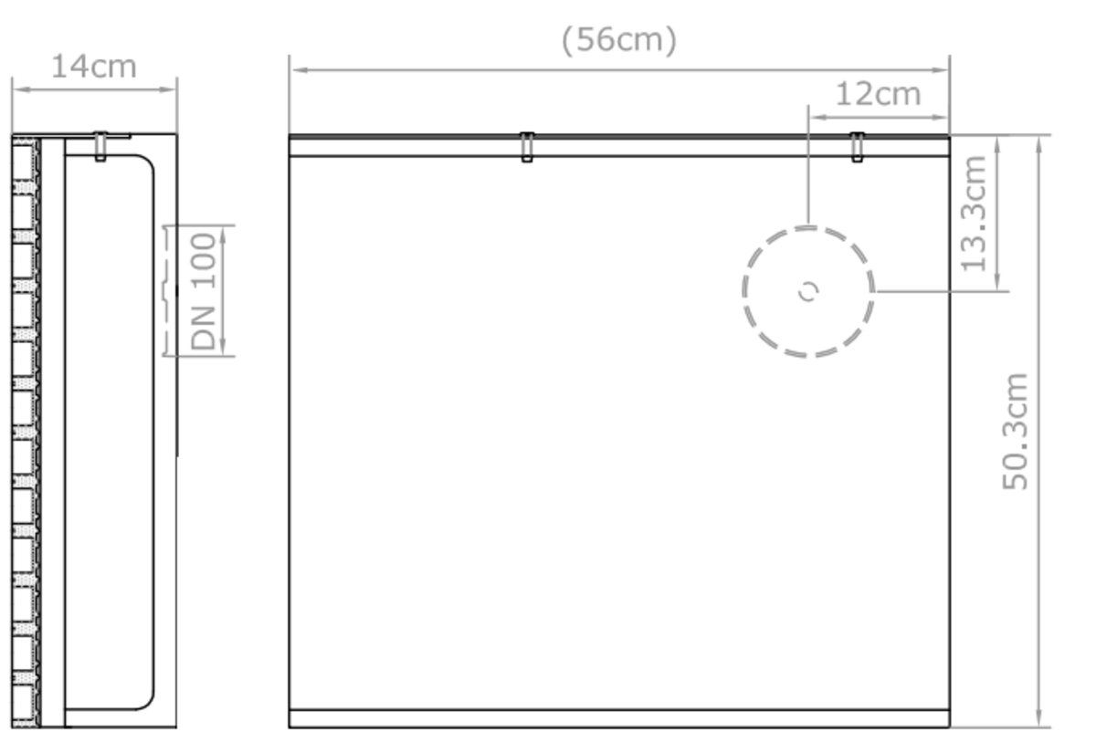 Esquema técnico del canal colector exterior de arena SPORT L560 A503 H140 en hormigón polímero con reja mallada y protecciones de caucho en forma alveolar. Perfil lateral de acero galvanizado y premarca para salida vertical DN100.