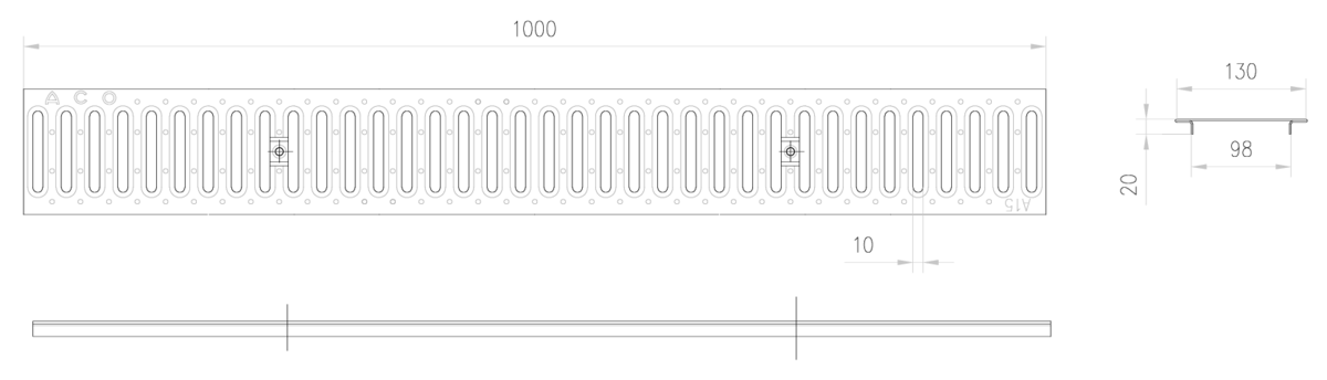 Esquema técnico de la reja para canal GALA 100, reja pasarela en açero galvanizado de dimensiones L1000 A130 H20 con sistema de fijación por clavija, clase de carga A15.