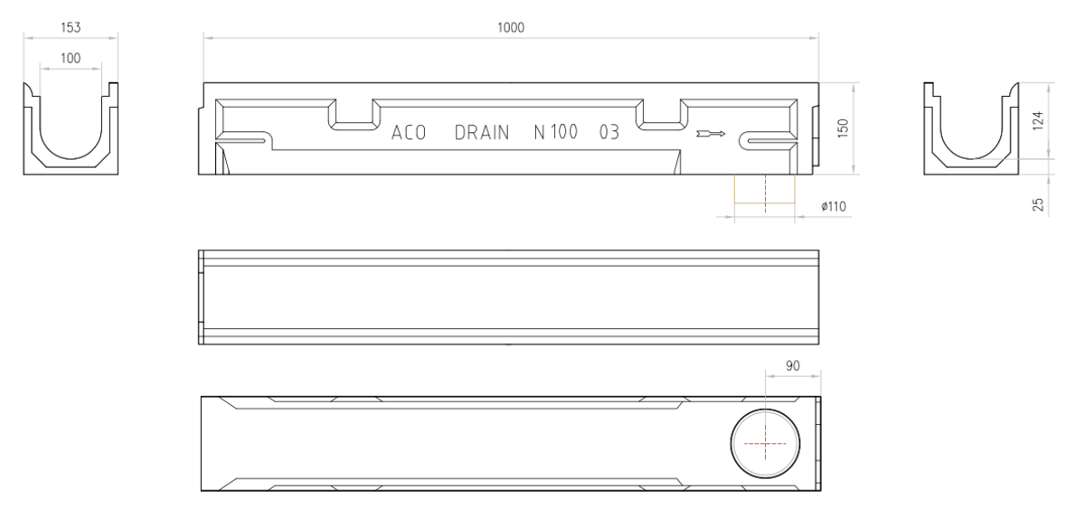 Esquema técnico do canal N 100 L1000 H149 em betão polímero com pré-marca para saída vertical DN/OD 110 com sistema de fixação por clavilha sem grelha