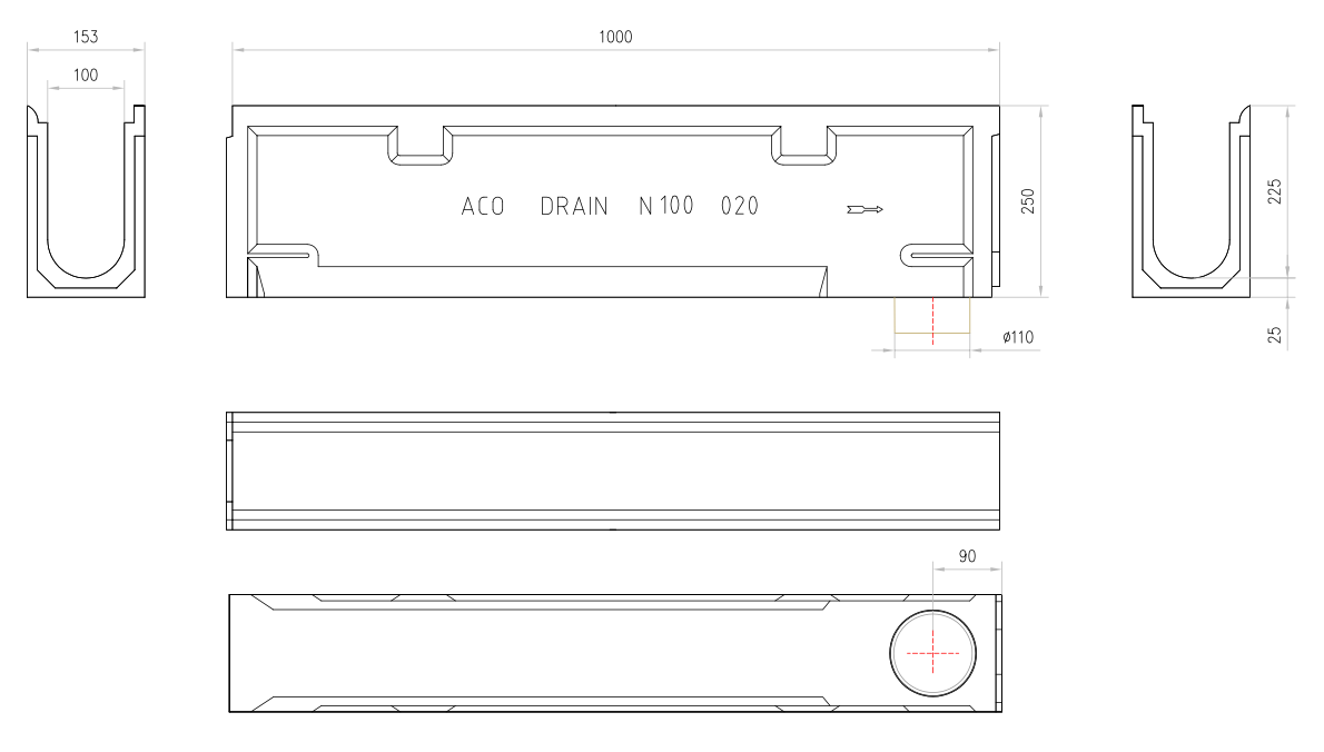 Esquema técnico del canal N 100 L1000 H251 en hormigon polímero con premarca para salida vertical DN/OD 110 con sistema de fijación por clavilha sin reja