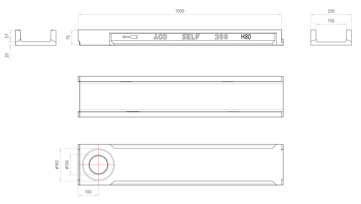 00003598 Esquema técnico do conjunto de canal SELF 200 L1000 H80 em betão polímero com pré-marca para saída vertical DN/OD 110/160 com sistema de fixação por clavilha sem grelha