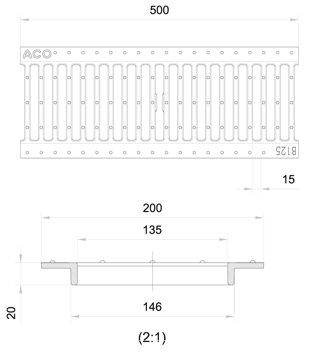 Esquema técnico da grelha para canal N 150/SELF 200, grelha passarela 135x15 em fundição da dimensões L500 A200 H20 com sistema de fixação por clavilha, classe de carga B125.