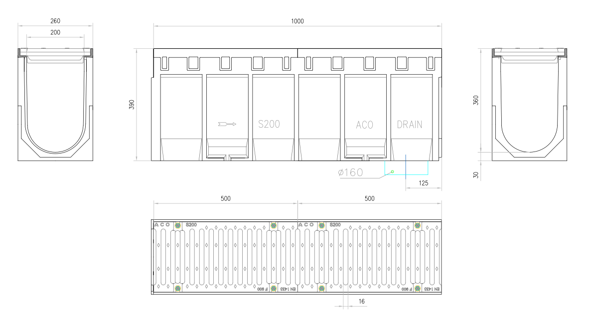 00004273 Esquema técnico del conjunto de canal S200 L1000 H390 en hormigon polímero con premarca para salida vertical DN/OD 160 y reja pasarela en fundición F900 con sistema de fijación por tornillos