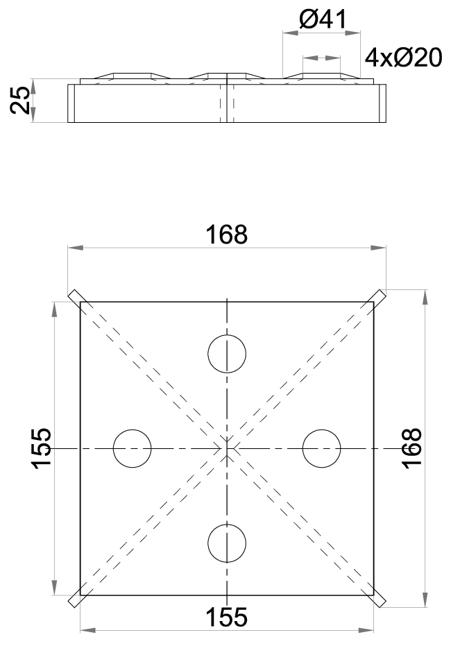 Esquema técnico de la reja para sumidero EG, reja ranurada en acero inoxidable AISI304 de dimensiones L168 A168 H25 sin sistema de fijación, clase de carga M125.