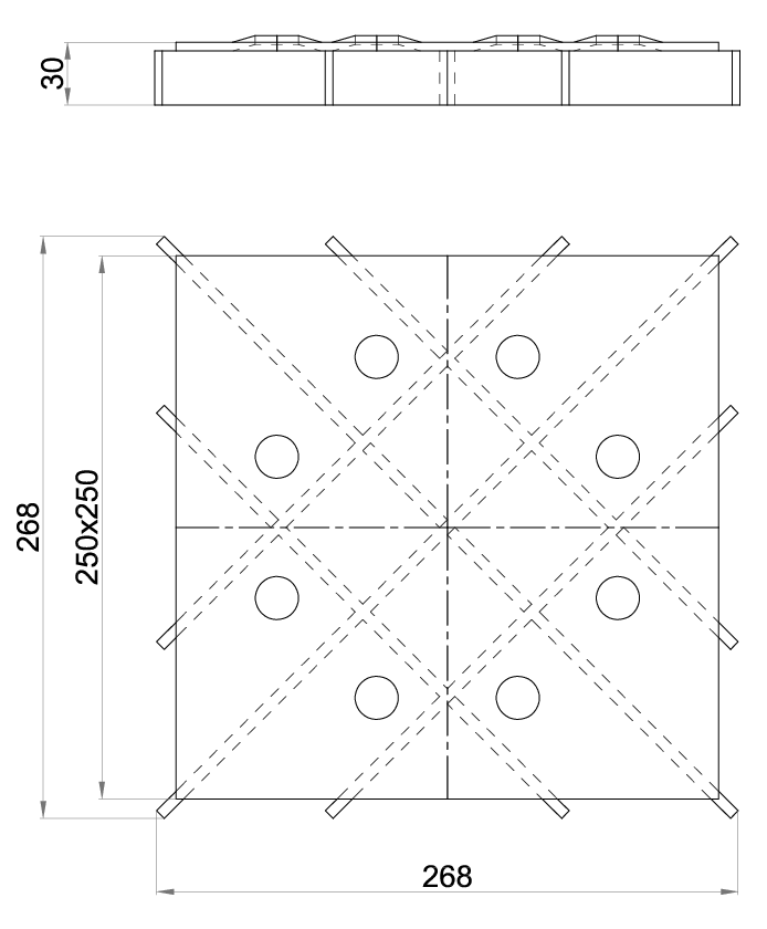 Esquema técnico da grelha para sumidouro EG, grelha ranhurada em aço inoxidável AISI304 da dimensões L268 A268 H30 sem sistema de fixação, classe de carga M125.