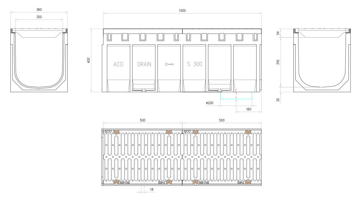 Esquema técnico del conjunto de canal S300 L1000 H400 en hormigon polímero con premarca para salida vertical DN/OD 200 y reja pasarela en fundición D400 con sistema de fijación por tornillos