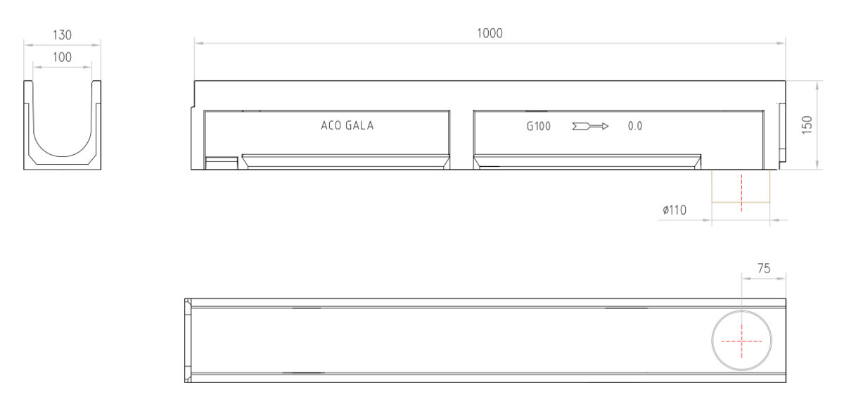 Esquema técnico del canal GALA 100 H150 L1000 en hormigón polímero