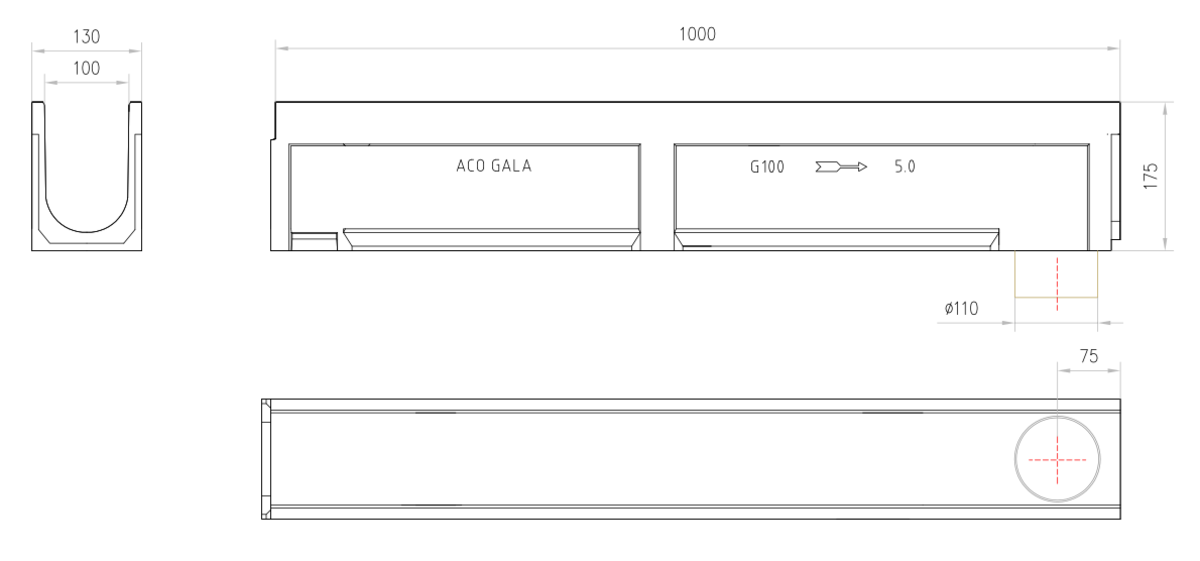 Esquema técnico do canal GALA 100 H175 L1000 em betão polímero