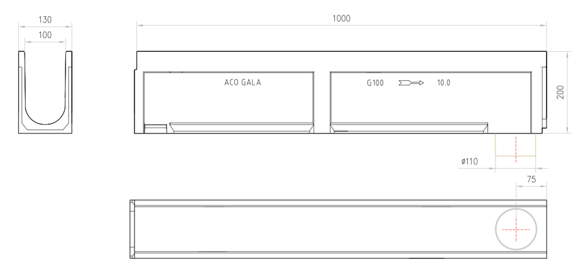 Esquema técnico do canal GALA 100 H200 L1000 em betão polímero