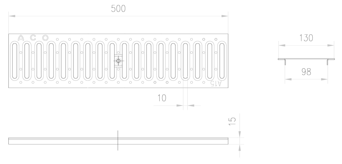 Esquema técnico de la reja para canal GALA 100, reja pasarela en açero galvanizado de dimensiones L500 A130 H15 con sistema de fijación por clavija, clase de carga A15.