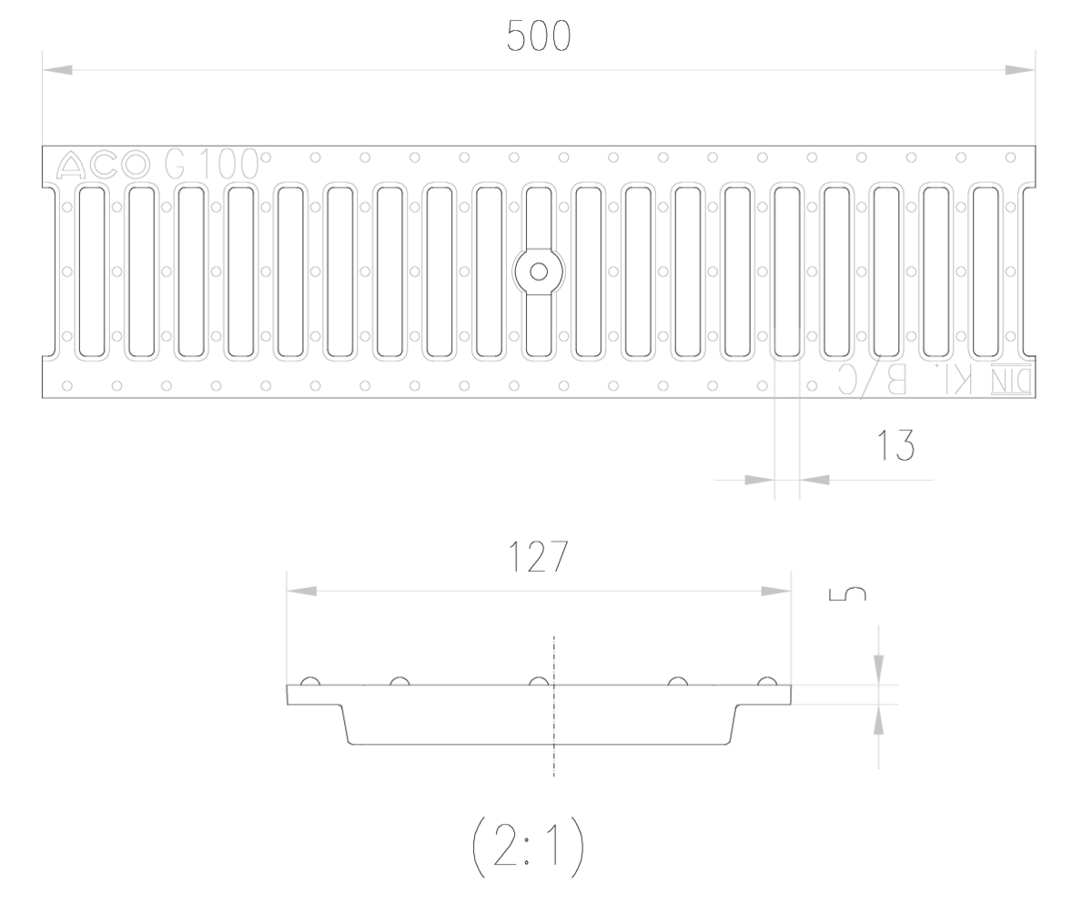 Esquema técnico de la reja para canal GALA 100, reja pasarela enfundición de dimensiones L500 A127 H5/15 con sistema de fijación por clavija, clase de carga C250.