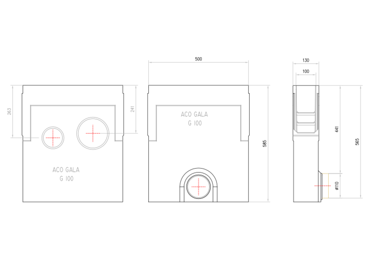 Esquema técnico del sumidero completo para el canal GALA 100 L500 H585 de hormigón polímero, sin reja, sistema de fijación por clavija, junta labiolaberíntica DN/OD 110, con cestillo.