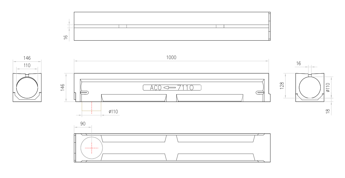 Esquema técnico do canal SLIMLINE L1000 H146 em betão polímero com pré-marca para saída vertical DN/OD 110 com grelha ranhurada B125