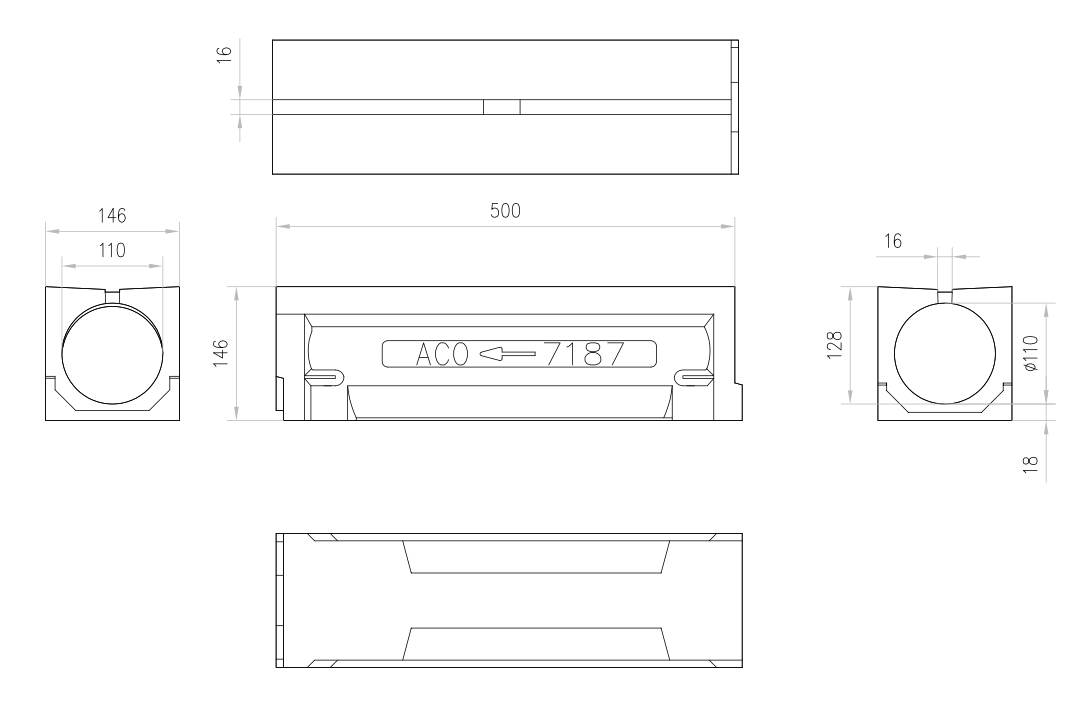 Esquema técnico do canal SLIMLINE L500 H146 em betão polímero com pré-marca para saída vertical DN/OD 110 com grelha ranhurada B125