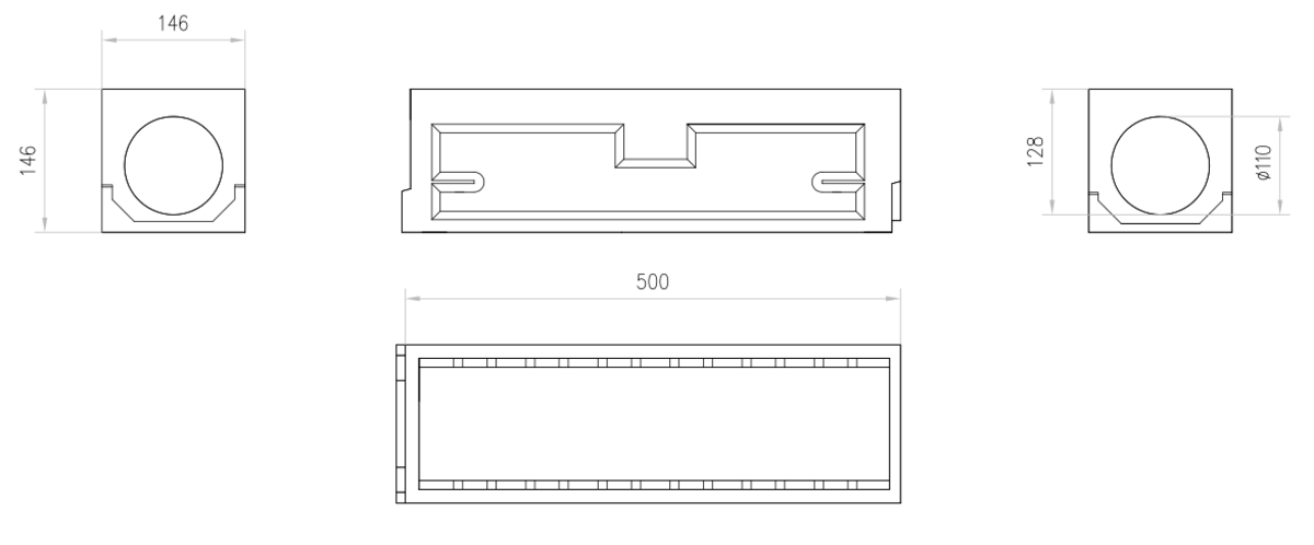 Esquema técnico del canal registro SLIMLINE L500 H146 en hormigon polímero con premarca para salida vertical DN/OD 110 sin reja