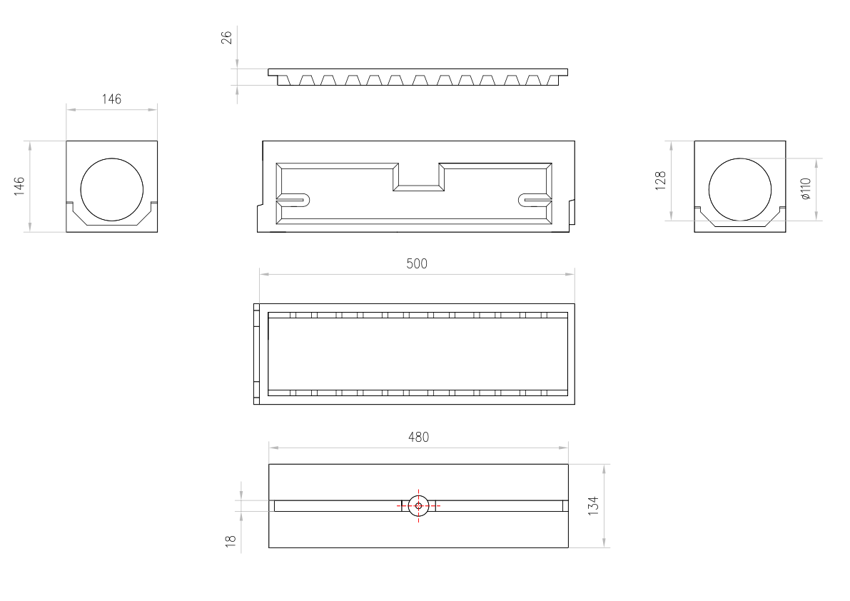 Esquema técnico do canal registro SLIMLINE L500 H146 em betão polímero com pré-marca para saída vertical DN/OD 110 com grelha ranhurada B125