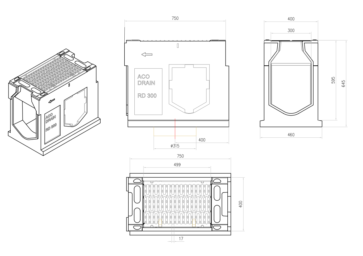 00010803 Esquema técnico del canal registro MONOBLOCK RD300V 0.1 L750 H645 de hormigón polímero con reja pasarela de fundicón F900, sistema de fijación Drainlock, preformas laterales rompibles L-T-X y preforma vertical rompible