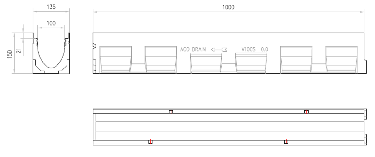Esquema técnico del canal MULTILINE V100 0.0 L1000 H150 de hormigón polímero sin reja, sistema de fijación Drainlock