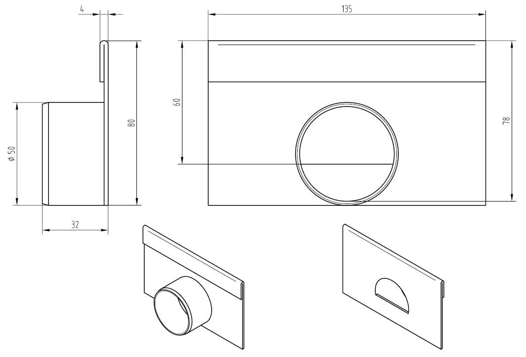 Esquema técnico da tampa inicio/final com união pata tubagem DN 50 para o canal MULTILINE V100 L32 A135 H80 em aço galvanizado.