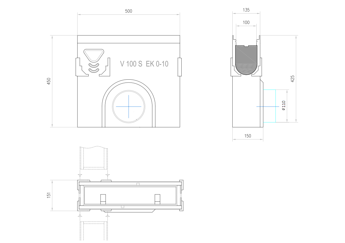 Esquema técnico del sumidero completo para el canal MULTILINE V100 L500 H450 de hormigón polímero, sin reja, sistema de fijación Drainlock, preformas laterales rompibles L-T-X y junta labiolaberíntica DN/OD 110, con cestillo.