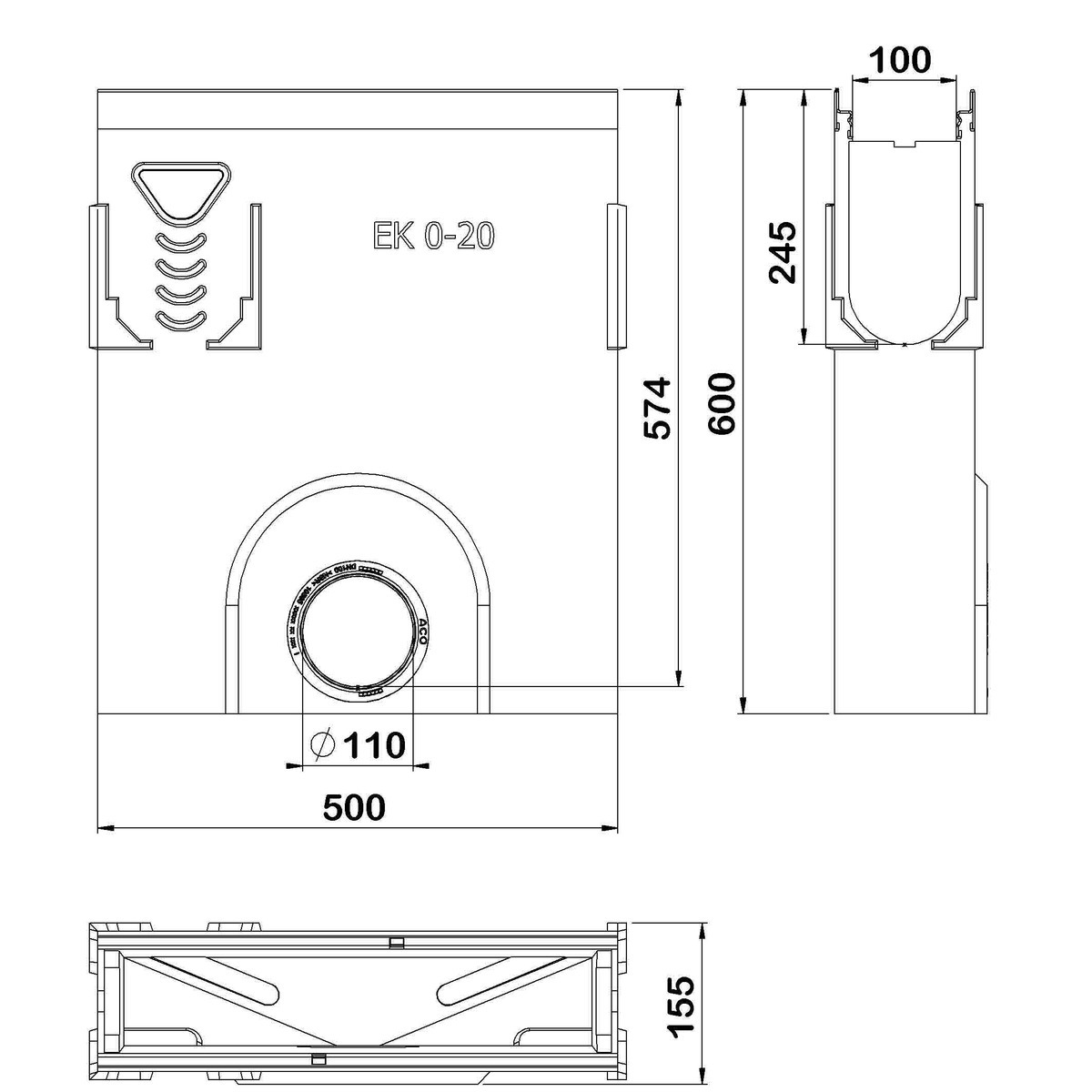 Esquema técnico del sumidero completo para el canal MULTILINE V100 L500 H600 de hormigón polímero, sin reja, sistema de fijación Drainlock, preformas laterales rompibles L-T-X y junta labiolaberíntica DN/OD 110, con cestillo.