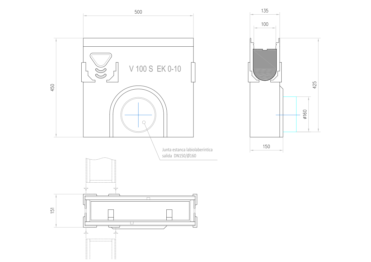 Esquema técnico del sumidero completo para el canal MULTILINE V100 L500 H450 de hormigón polímero, sin reja, sistema de fijación Drainlock, preformas laterales rompibles L-T-X y junta labiolaberíntica DN/OD 160, con cestillo.