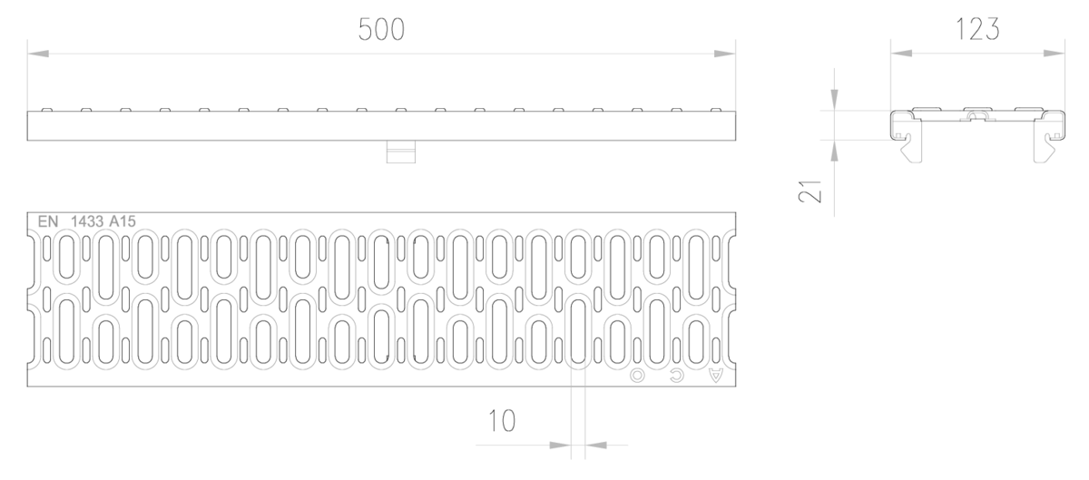 Esquema técnico de la reja para canal MULTIDRIAN/MULTILINE/XTRADRAIN 100, reja pasarela en acero galvanizado de dimensiones L500 A123 H21/21 con sistema de fijación Drainlock, clase de carga A15.