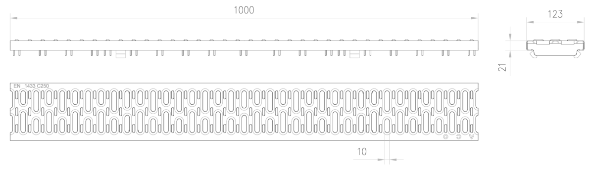Esquema técnico de la reja para canal MULTIDRIAN/MULTILINE/XTRADRAIN 100, reja pasarela R10 en acero galvanizado de dimensiones L1000 A123 H21/32 con sistema de fijación Drainlock, clase de carga C250.