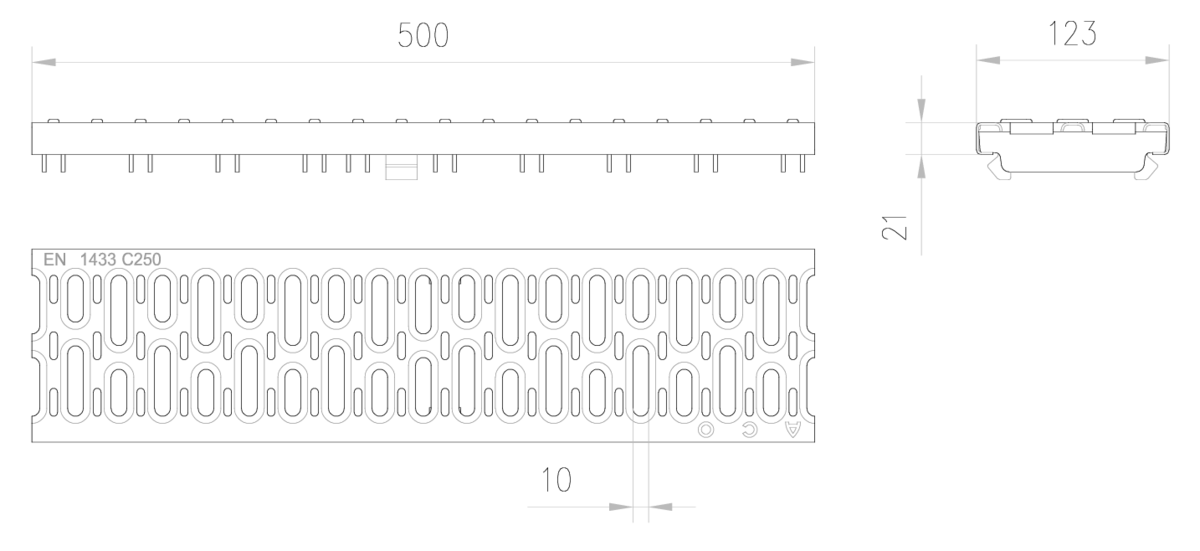 Esquema técnico de la reja para canal MULTIDRIAN/MULTILINE/XTRADRAIN 100, reja pasarela R10 en acero galvanizado de dimensiones L500 A123 H21/32 con sistema de fijación Drainlock, clase de carga C250.