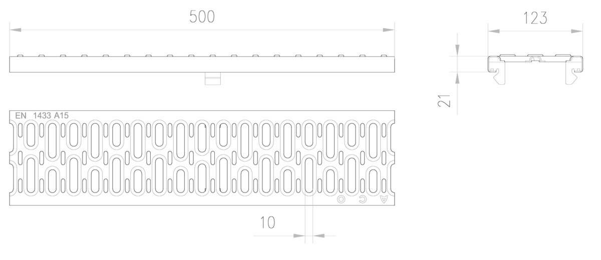 Esquema técnico de la reja para canal MULTIDRIAN/MULTILINE/XTRADRAIN 100, reja pasarela en acero inoxidable AISI304 de dimensiones L500 A123 H21/21 con sistema de fijación Drainlock, clase de carga A15.