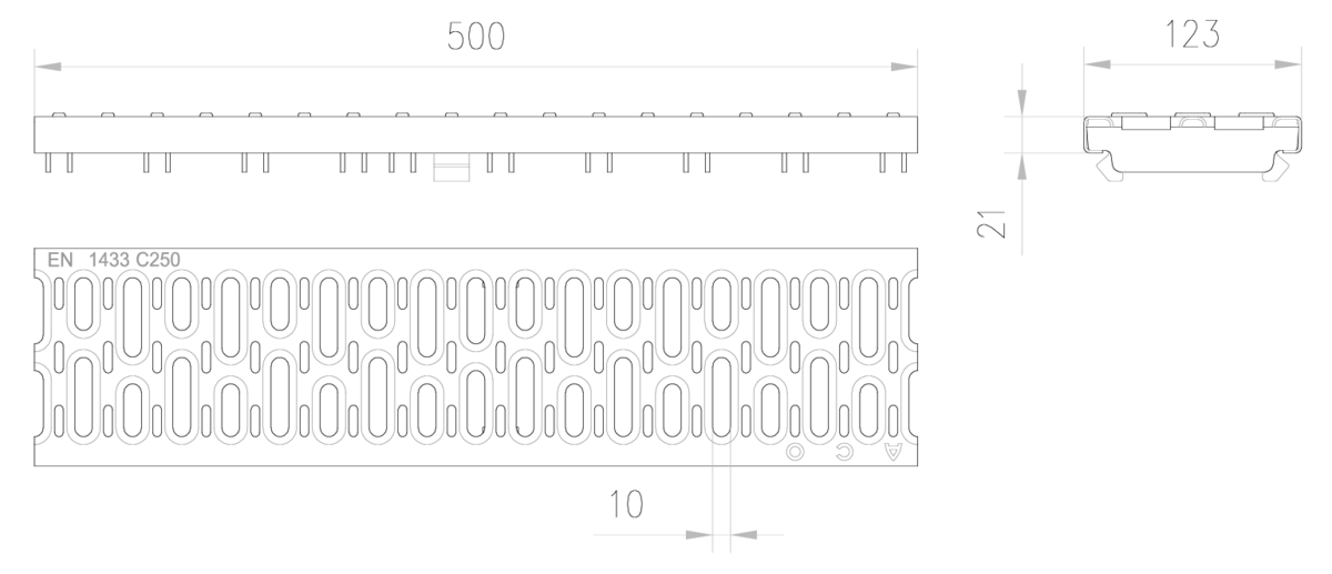 Esquema técnico de la reja para canal MULTIDRIAN/MULTILINE/XTRADRAIN 100, reja pasarela R10 en acero inoxidable AISI304 de dimensiones L500 A123 H21/32 con sistema de fijación Drainlock, clase de carga C250.